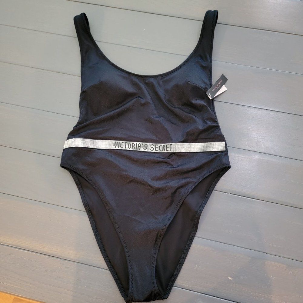 Victoria's Secret Women's Black Shine Strap Plunge One-Piece Swimsuit Sz medium